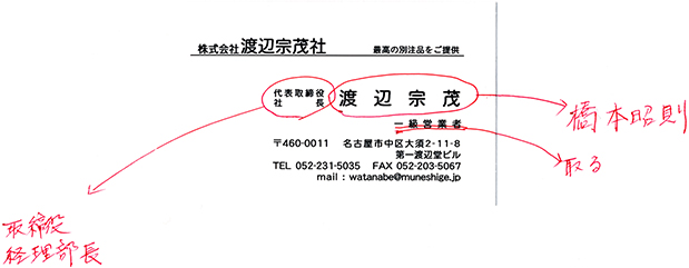 名刺一部修正の際のレイアウト記述例